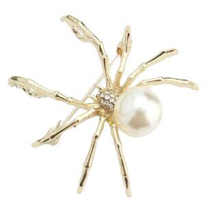 Spider Pin Brooch Faux White Pearl Goth Halloween Rhinestones Gold Tone Bling
